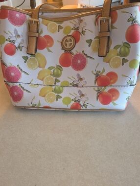 Citrus Print Tote Bag with Tan Trim